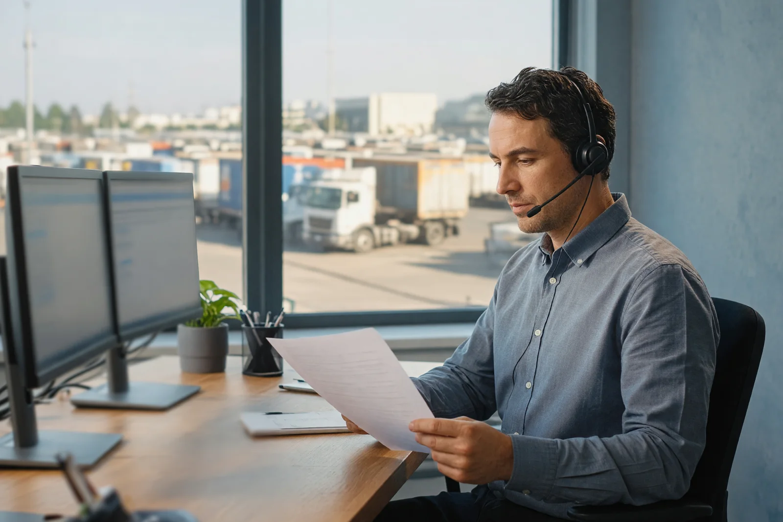 A freight broker reviewing documents in a dispatch office