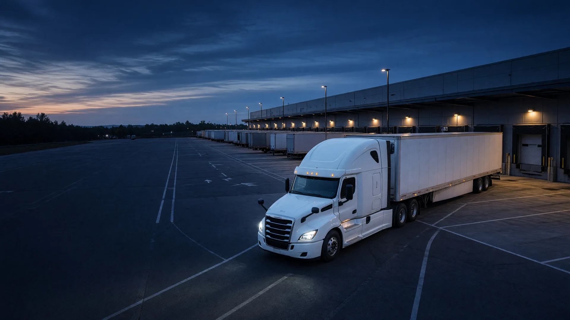 A white tractor-trailer leaving a distribution center at dawn