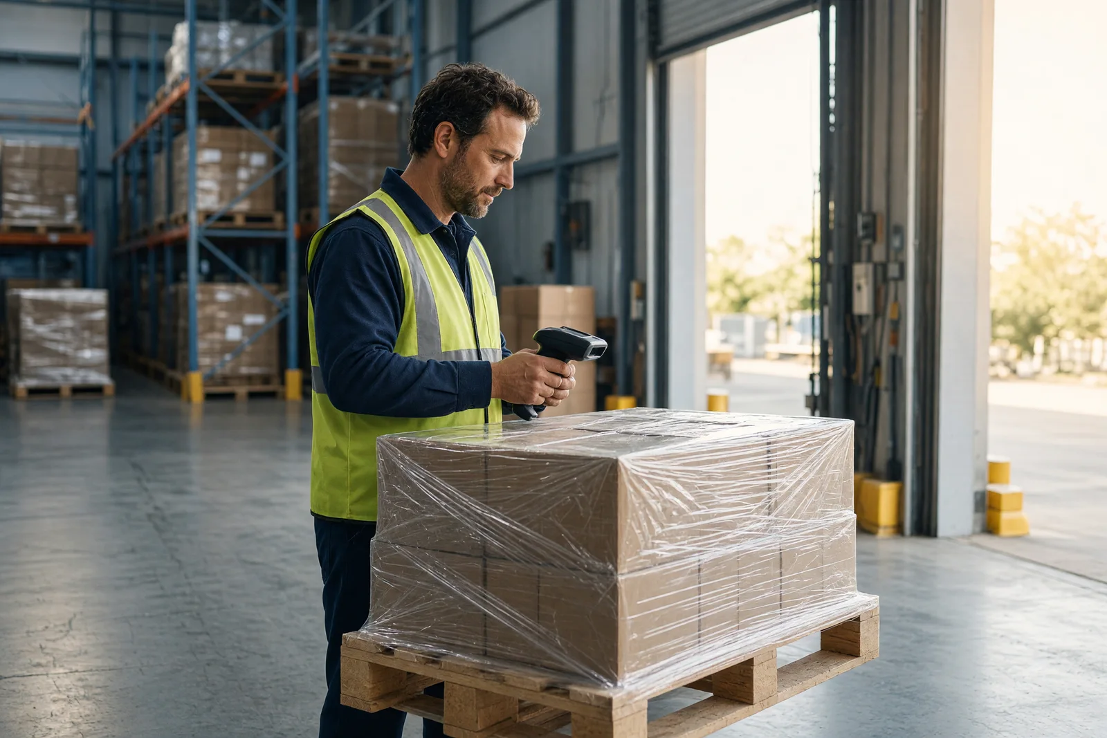 A shipping coordinator checking a pallet in a warehouse