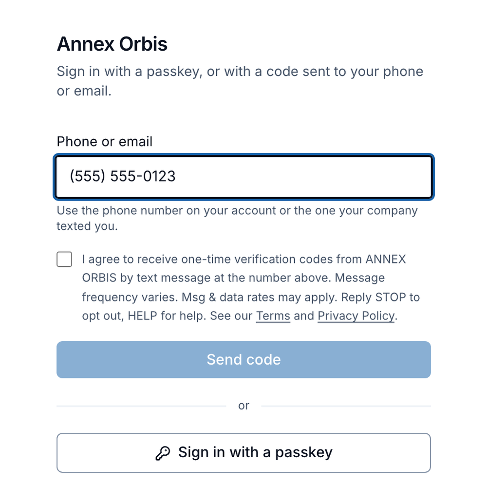 The ANNEX ORBIS sign-in screen with a mobile number entered, the text consent checkbox unticked and the Send code button disabled