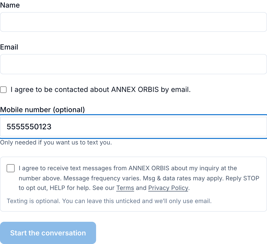 The Talk to us form with the optional mobile number and the unticked text consent checkbox